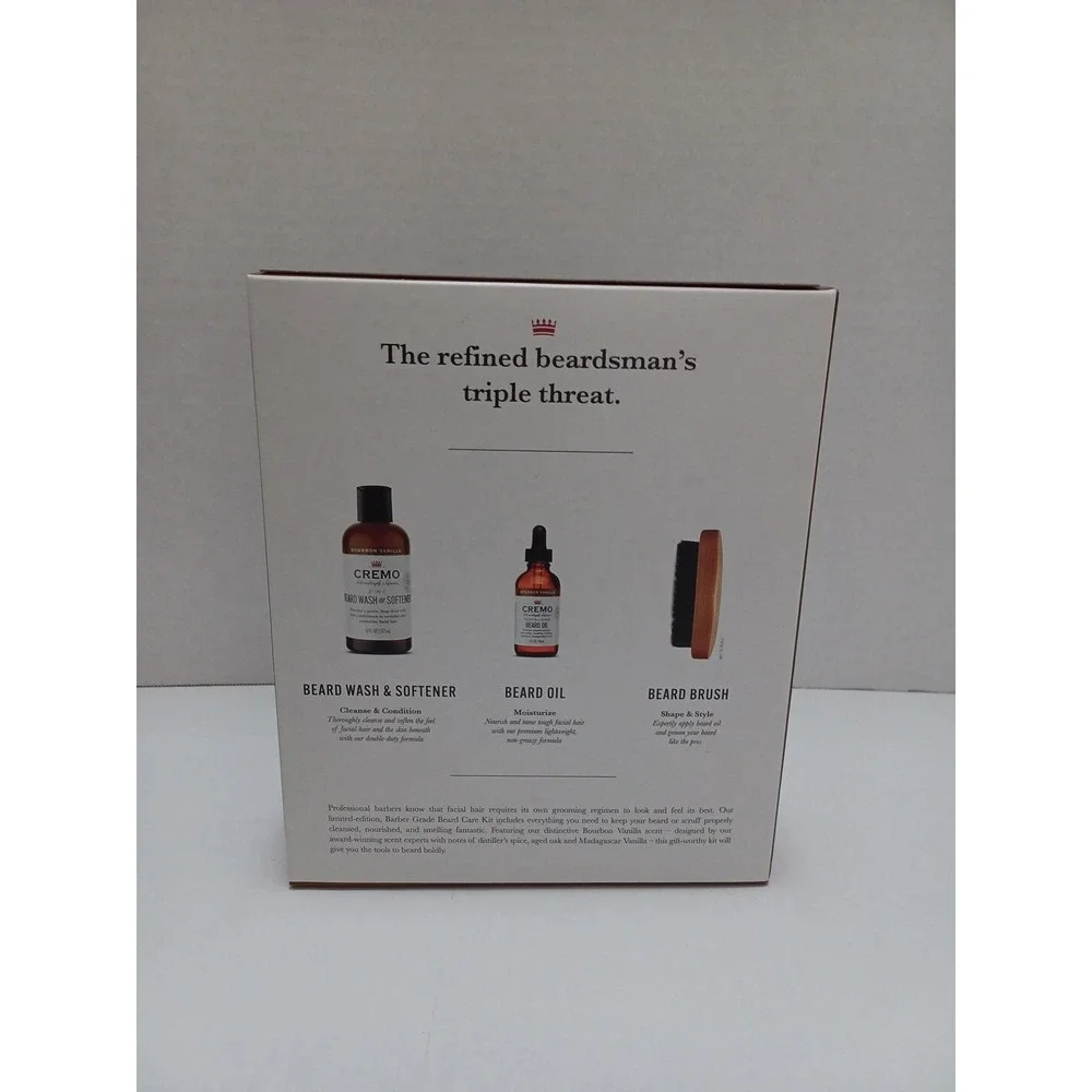 Cremo 3-pc Men's Beard Grooming‎ Kit, Wash/Softener, Oil, Brush, Bourbon Vanilla